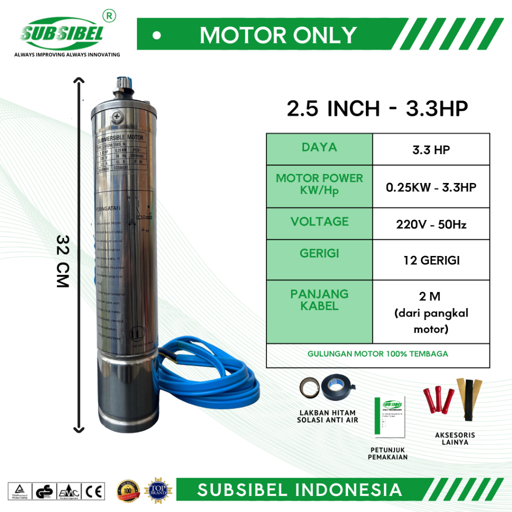 MOTOR ONLY POMPA SATELIT 2.5INCH 0.33Hp - POMPA AIR