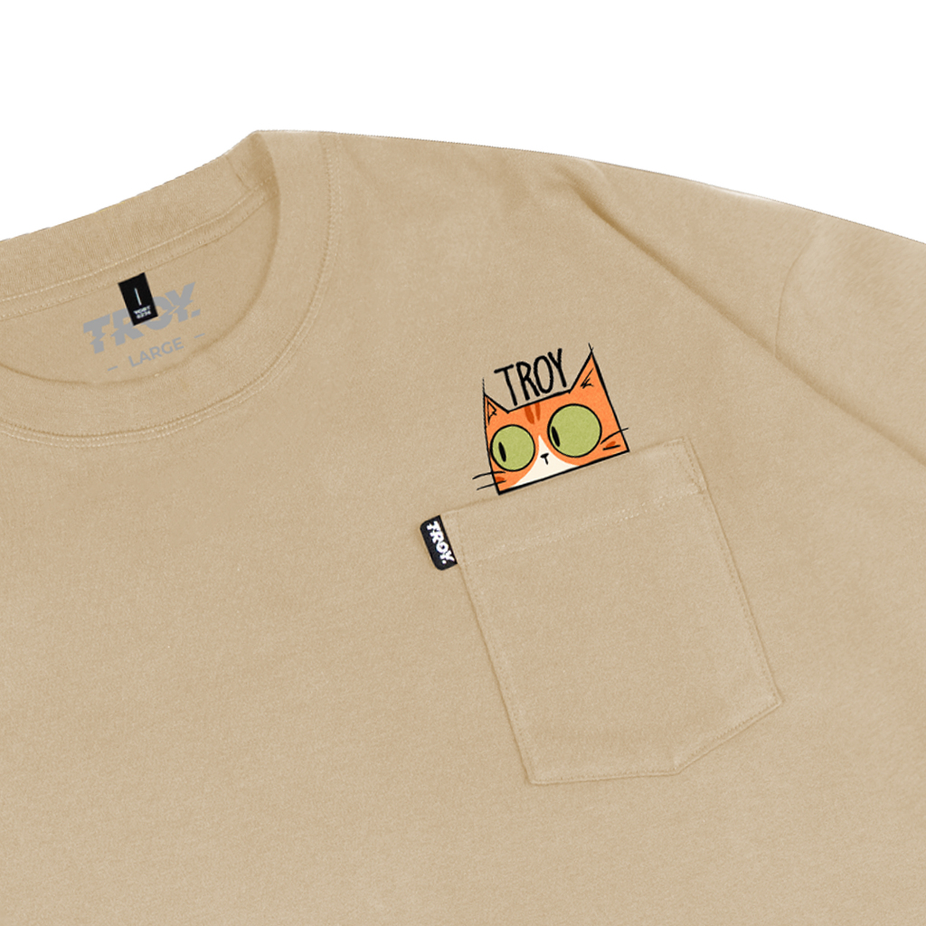 Troy Company Boxy Pocket Oversize Tshirt Beige Meow Peek - Kaos Boxy Oversize Beige BKD 3450