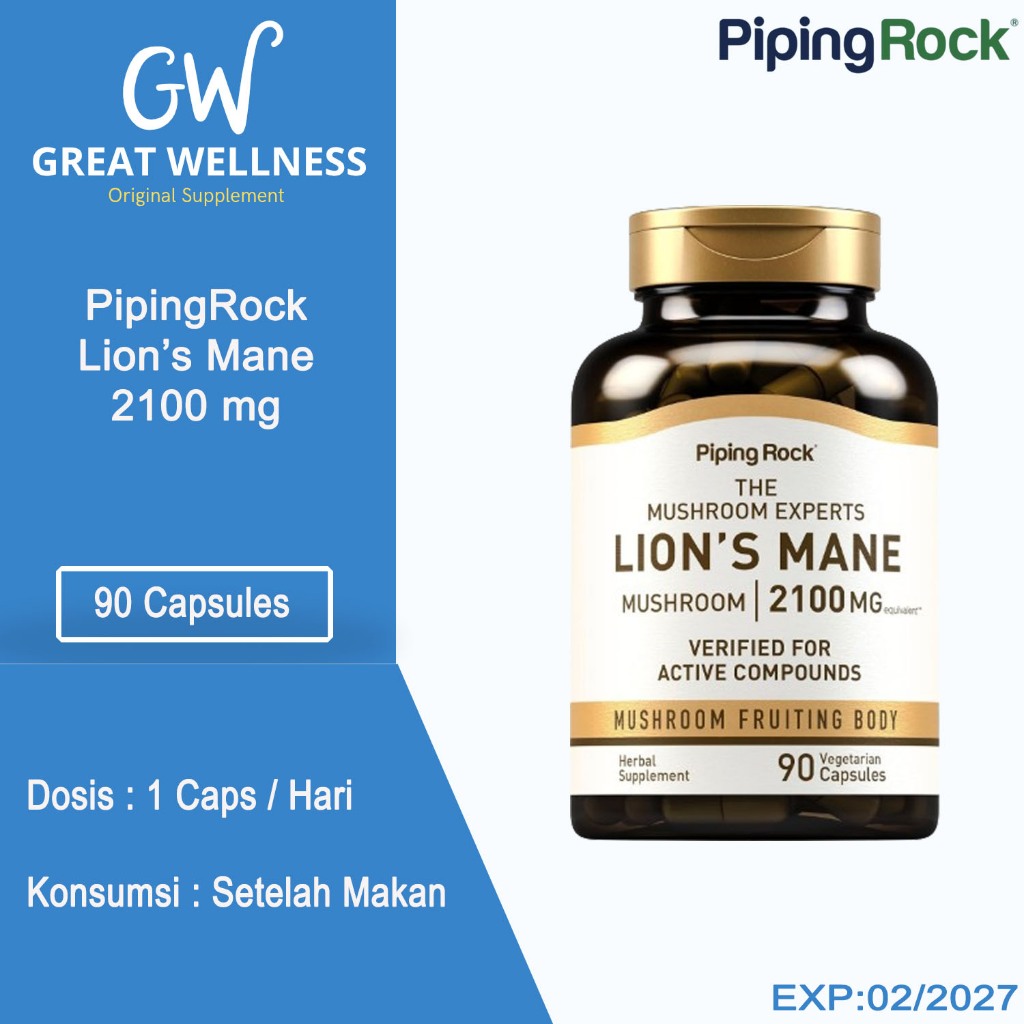 (BISA COD) Piping Rock Lion's Mane 2100 mg 90 Capsules Brain Otak Stress Relief