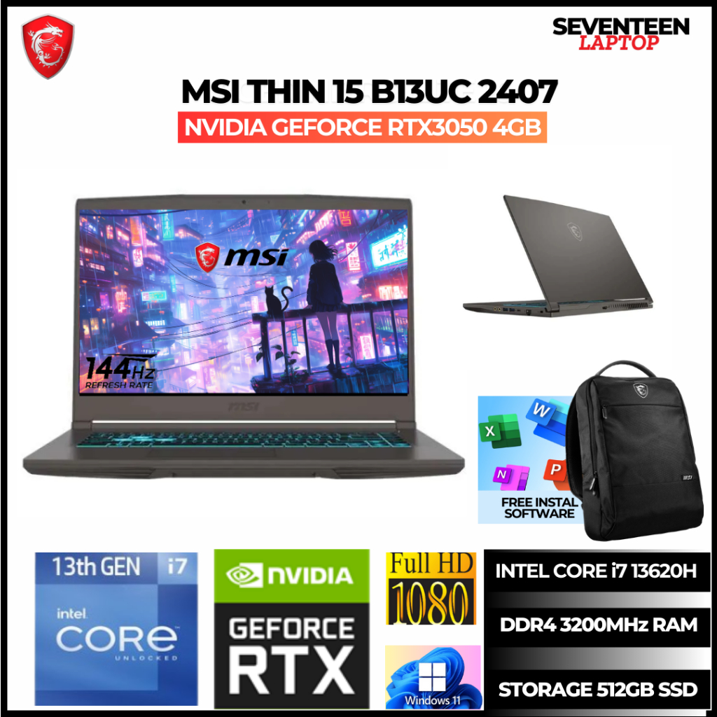 Laptop MSI Thin 15 NVIDIA RTX3050 Intel Core i7 13620H 16GB 1TB SSD 15.6 FHD IPS 144Hz Garansi Resmi