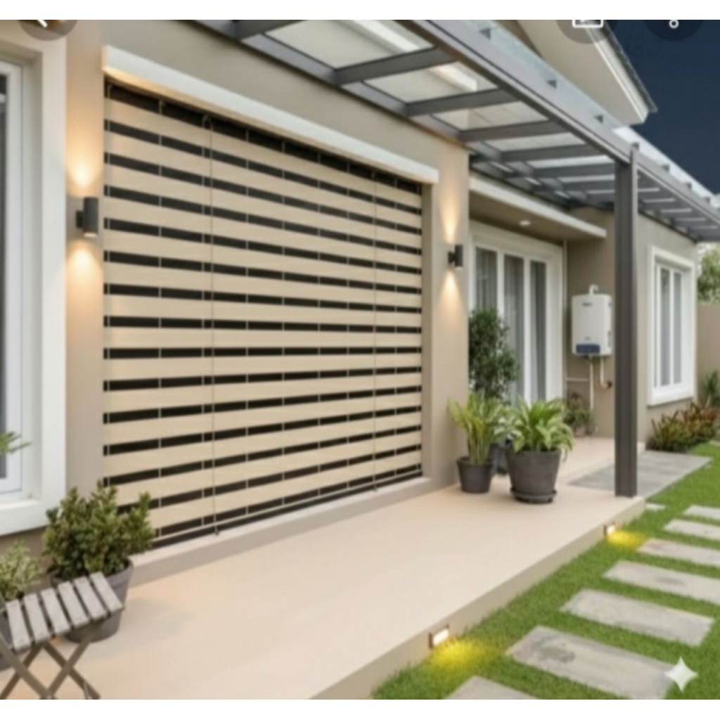 Tirai Outdoor PVC Motif Kayu – Roller Blind Tahan Cuaca Elegan