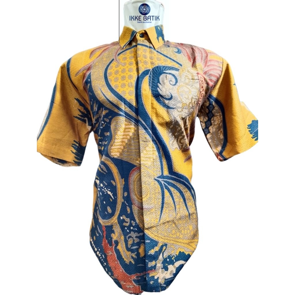baju Batik Pria lengan pendek kemeja batik bahan Dobby kuning mewah