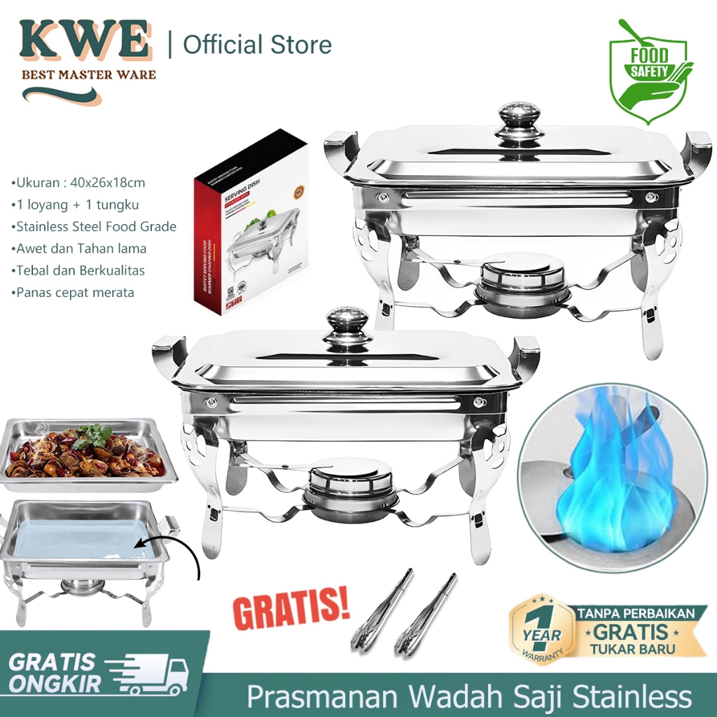 KWE 40CM Prasmanan Wadah Saji Stainless 2 Set Prasmanan jumbo kotak Warmer Square Pan Wadah Prasmana