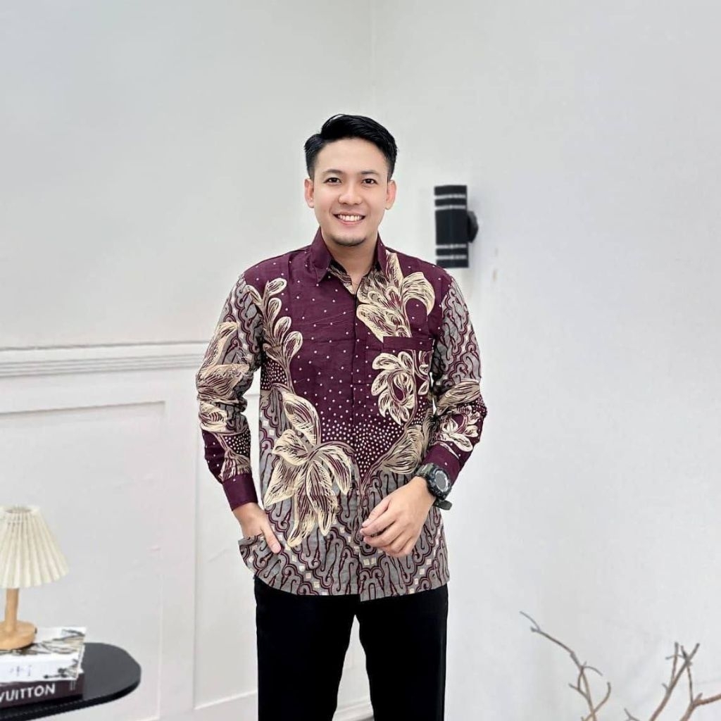 (OBRAL) KEMEJA KATUN MOTIF BATIK ANGGREK MARON