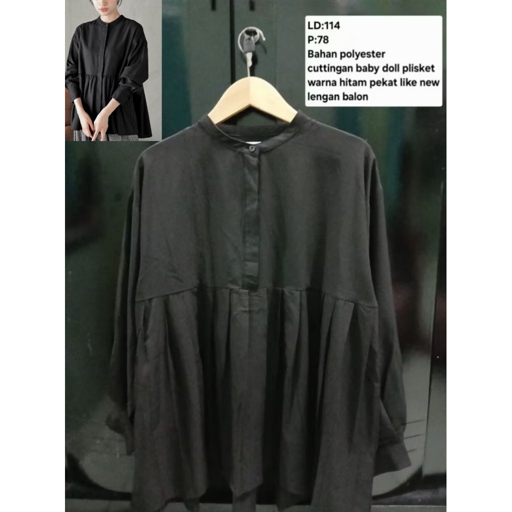 (COD)Atasan blouse lengan balon plisket wanita oversize warna hitam