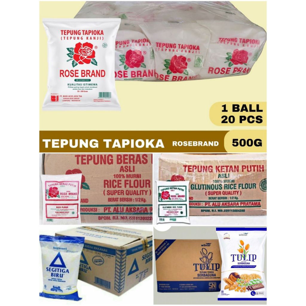 GROSIR & PROMO Rose Brand {Tepung Beras,Ketan,Tapioka/Kanji} 1Dus/Karton [Isi 500gr x 20 Pcs] / Tepu