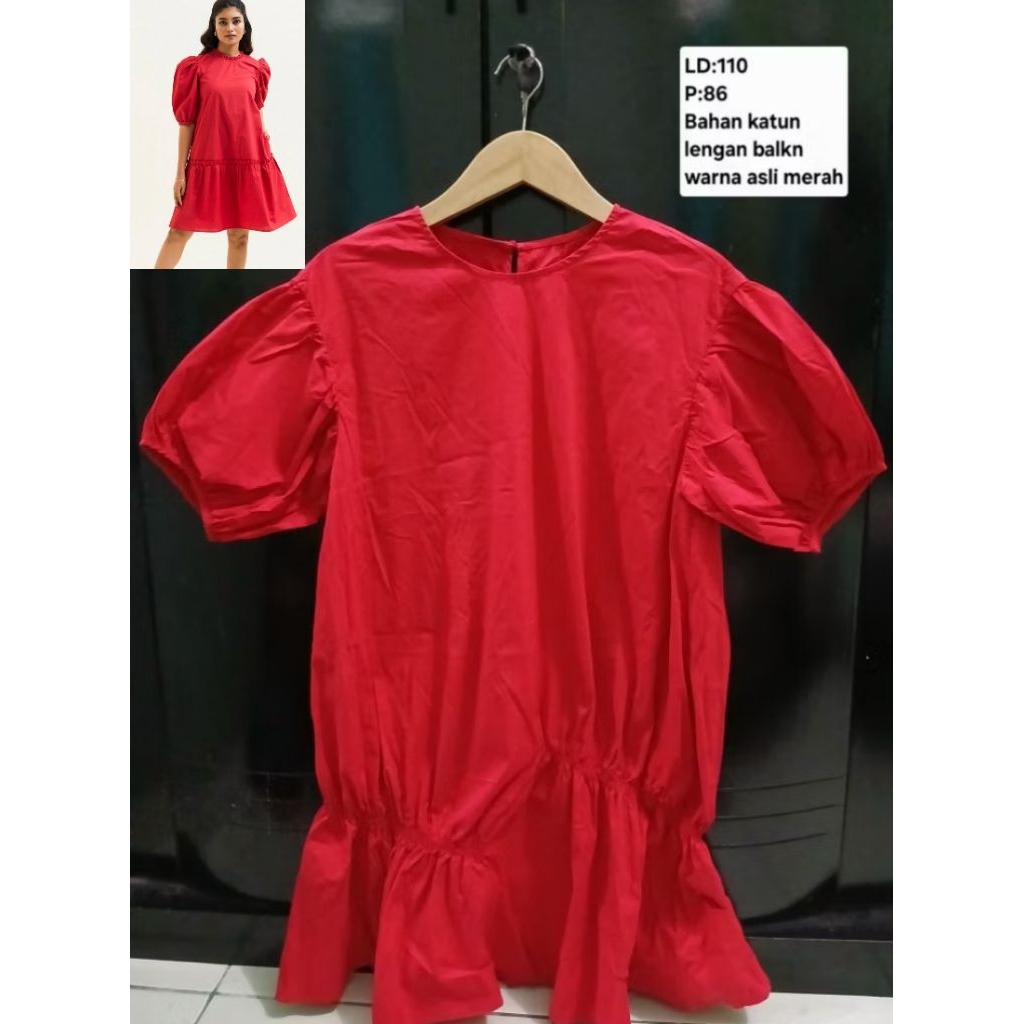 (COD)Atasan tunik midi dress lengan balon wanita warna merah