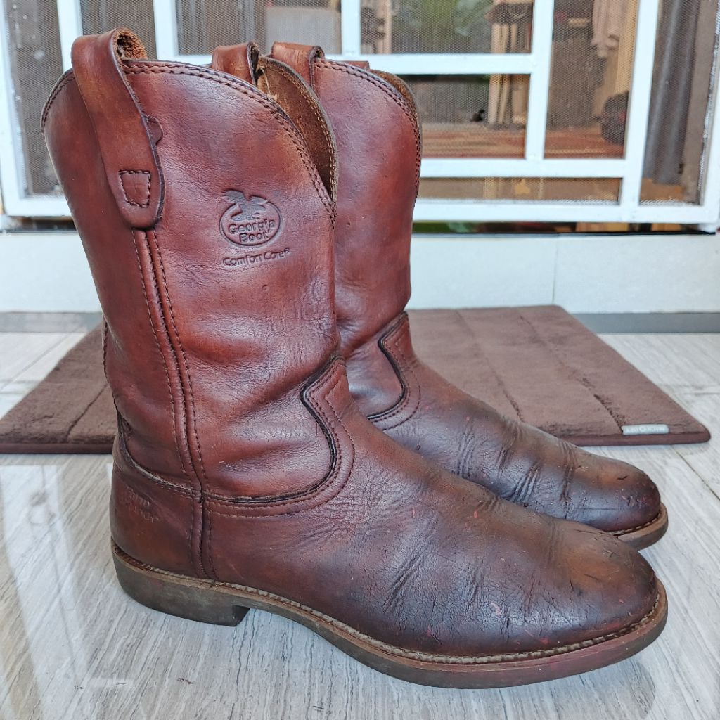 GEORGIA BOOT Wellington Mens Carbo-Tex Working High Boots Western Biker Motor Brown Leather Authenti