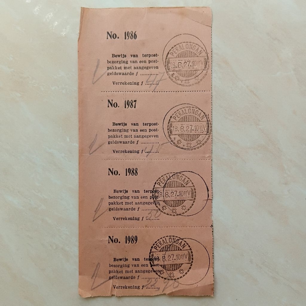 Koleksi Dokumen Arsip Kuno Tua Nota Pengiriman Paket Pos Pekalongan Era Nederland Indie 1927 - YN297