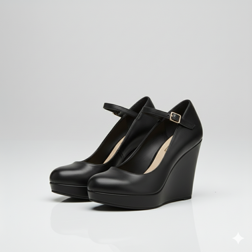 Wedges Mary Jane Hitam – Sepatu Wanita Elegan | Wedges Tinggi Nyaman
