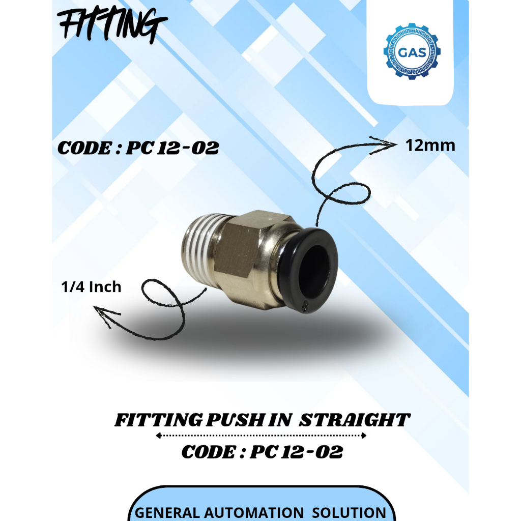 FITTING STRAIGHT MALE PNEUMATIC TUBE PC 12-02 NEPEL ANGIN 12MM X 1/4"