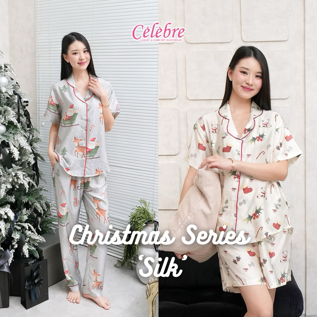 Celebre - Christmas Series SILK | Piyama / Baju Tidur Wanita Dewasa Organik Silk 100% Natal Leher Ke