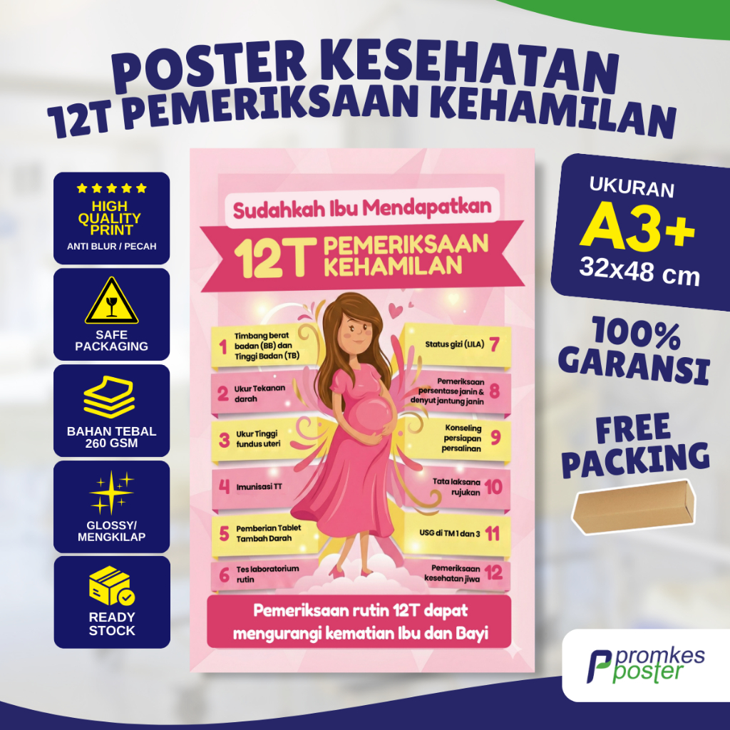 Poster 12T Pemeriksaan Kehamilan | Poster Kesehatan Ibu Hamil | KIA Puskesmas Posyandu | Promkespost