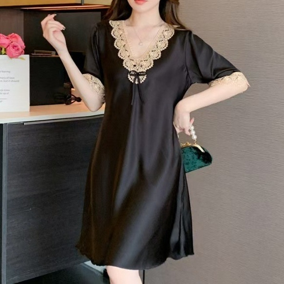 [TTEUDA] Daster Satin Lace Lengan Pendek 7/4 | Daster Mini Pendek Satin Look Style Clasic | Daster W