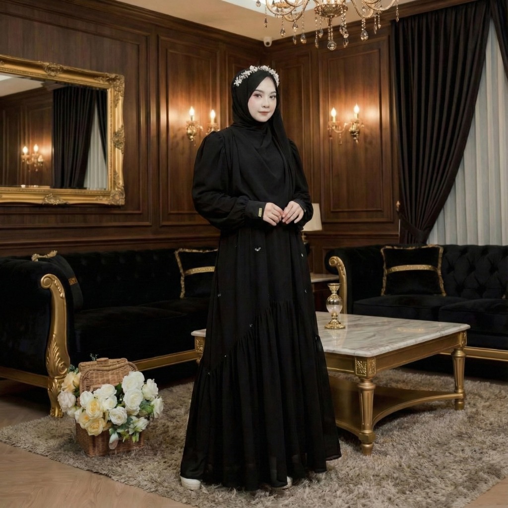 Abaya Mahira Premium Aylin Dress Remaja Payet Polos Gamis Muslim Wanita Wolfis Hitam Syari Kekinian