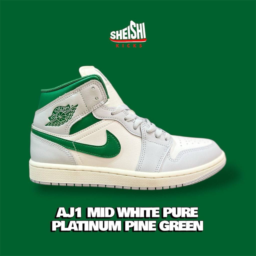 Sepatu Sneakers Pria Jordan 1 Mid White Pure Platinum Pine Green