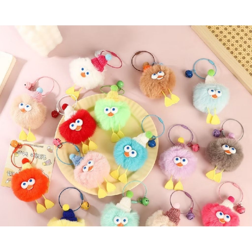 Gantungan Tas Kunci Boneka Bola Bulu Bermata Besar Gantungan Kunci Kelinci Dengan Lonceng Bag Charm 