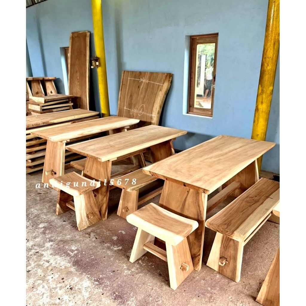 Set Meja Makan Cafe Resto Minimalis Full Kayu Trembesi Utuh Tanpa Sambungan Meja Makan Kayu SOLID Ut
