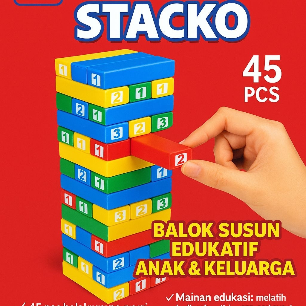 Balok Susun Stacko 45 Pcs – Permainan Menara Seru Untuk Anak, Remaja & Keluarga