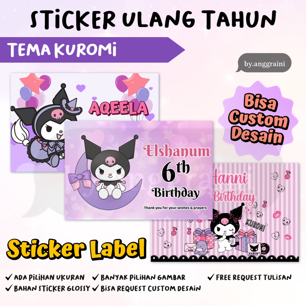 Sticker Ulang Tahun Tema Kuromi - Stiker Label Kotak Nasi Bento - Ultah Anak