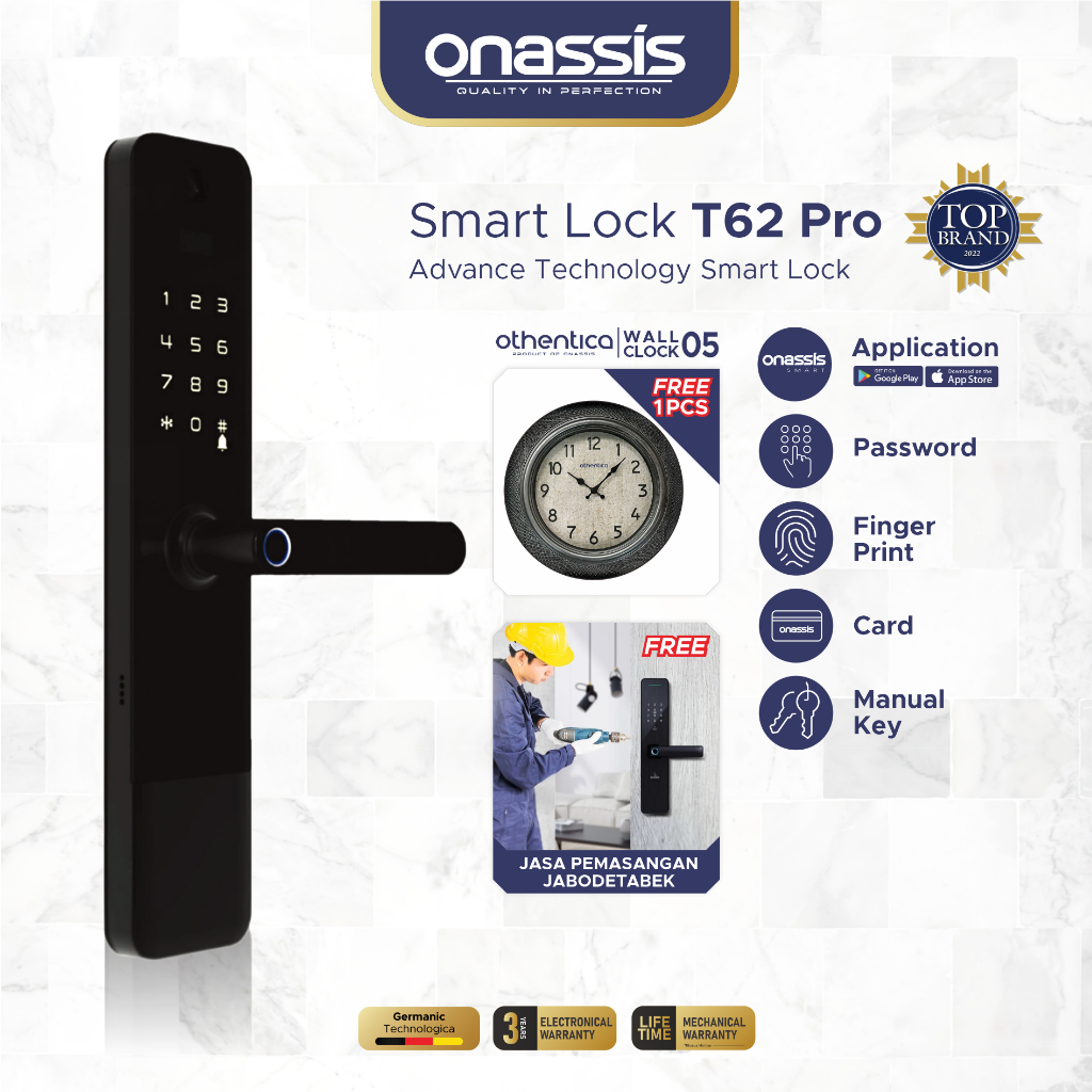 ONASSIS SMART LOCK T62 PRO | KUNCI PINTAR DENGAN 5 CARA BUKA & GARANSI MECHANICAL SEUMUR HIDUP