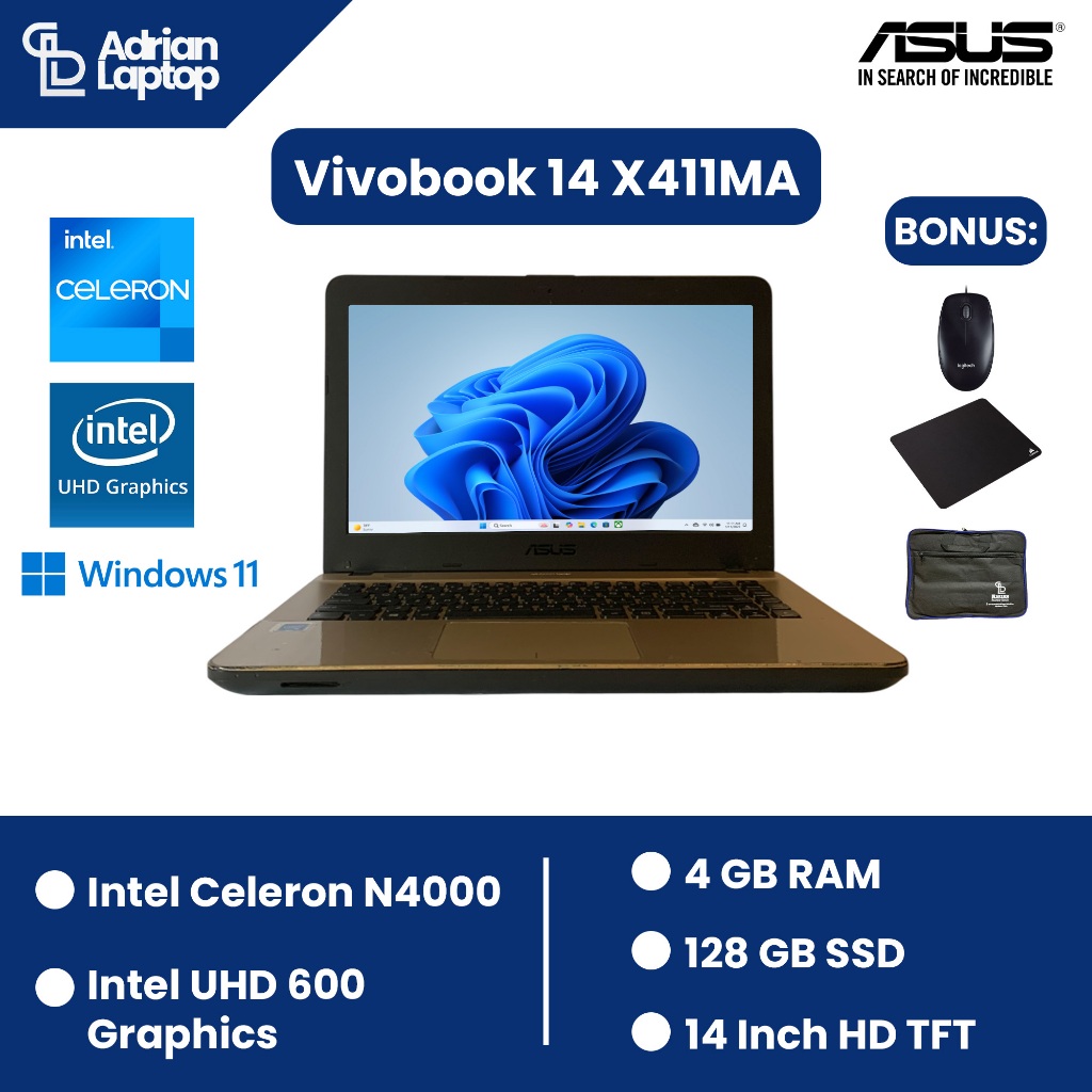 Laptop Second Asus Vivobook 14 X441MA | Intel Celeron N4000 RAM 4GB SSD 128 GB Layar 14 Inch | Mulus