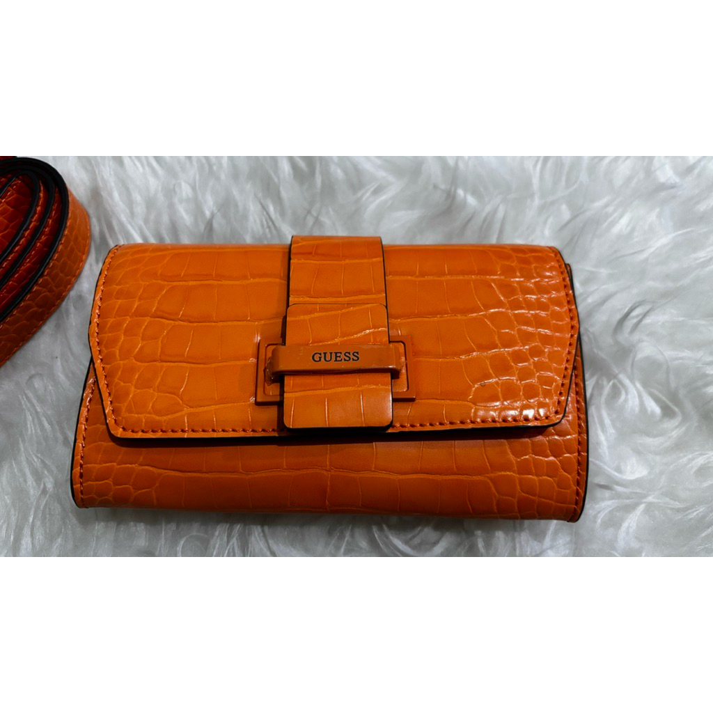 NEW GUESS CROCO IN ORANGE WAISTBAG FLAP CLUTCH ORIGINAL AUTHENTIC