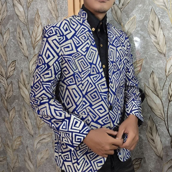 blazer jas pria batik vektor navy slimfit kerah lurus casual formal