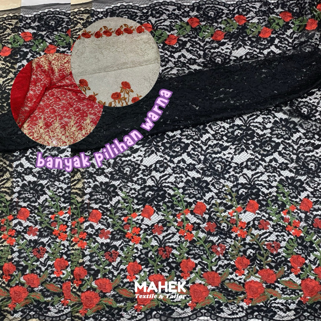 Kain Brokat Bordir Pinggiran Atas Bawah / Brokat Bunga 3D / Brokat Timbul Bordir Tebal / Brokat Nagi