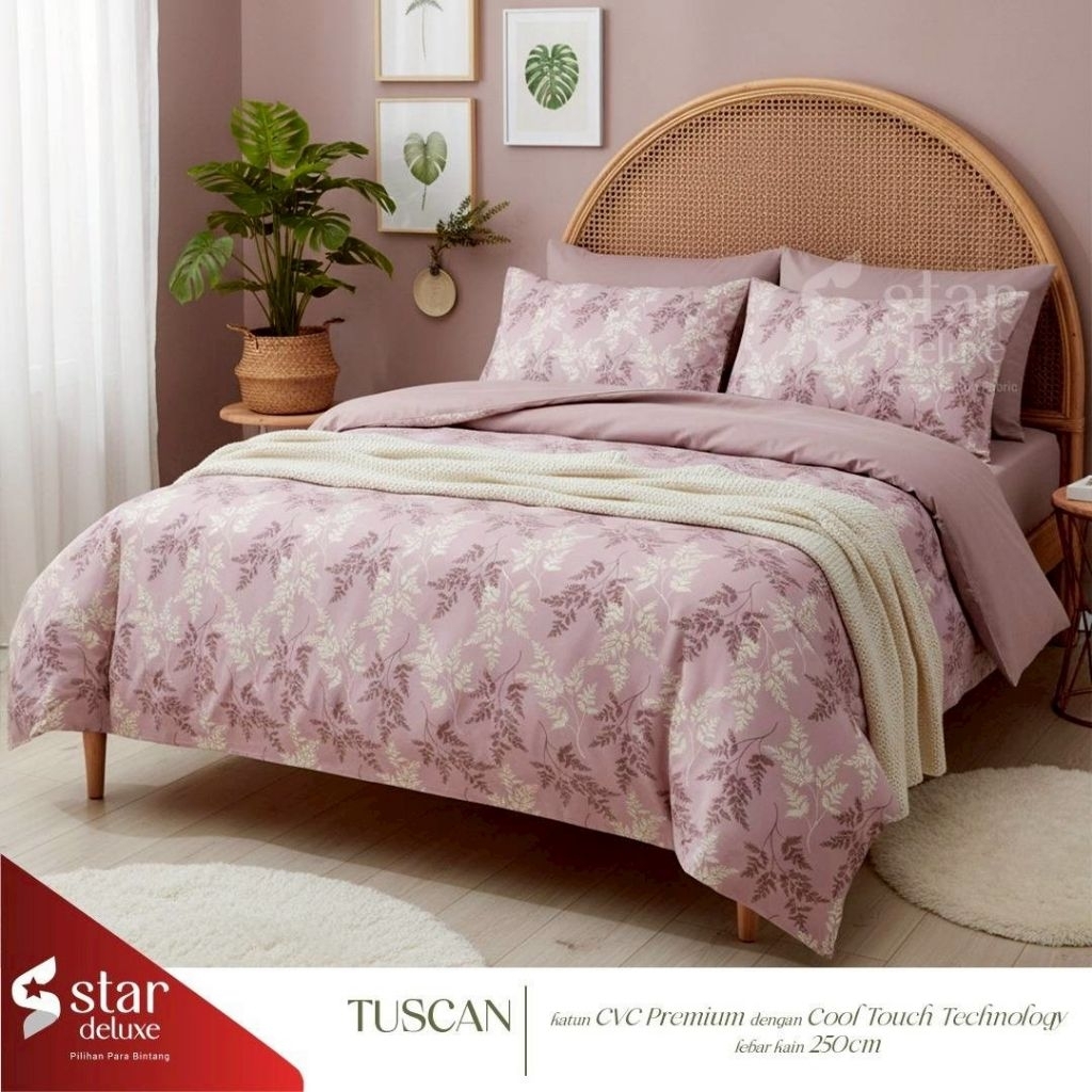 Bedcover + sprei anti geser katun star motif TUSCAN mix polos  || 2 variasi warna || pink dan hijau