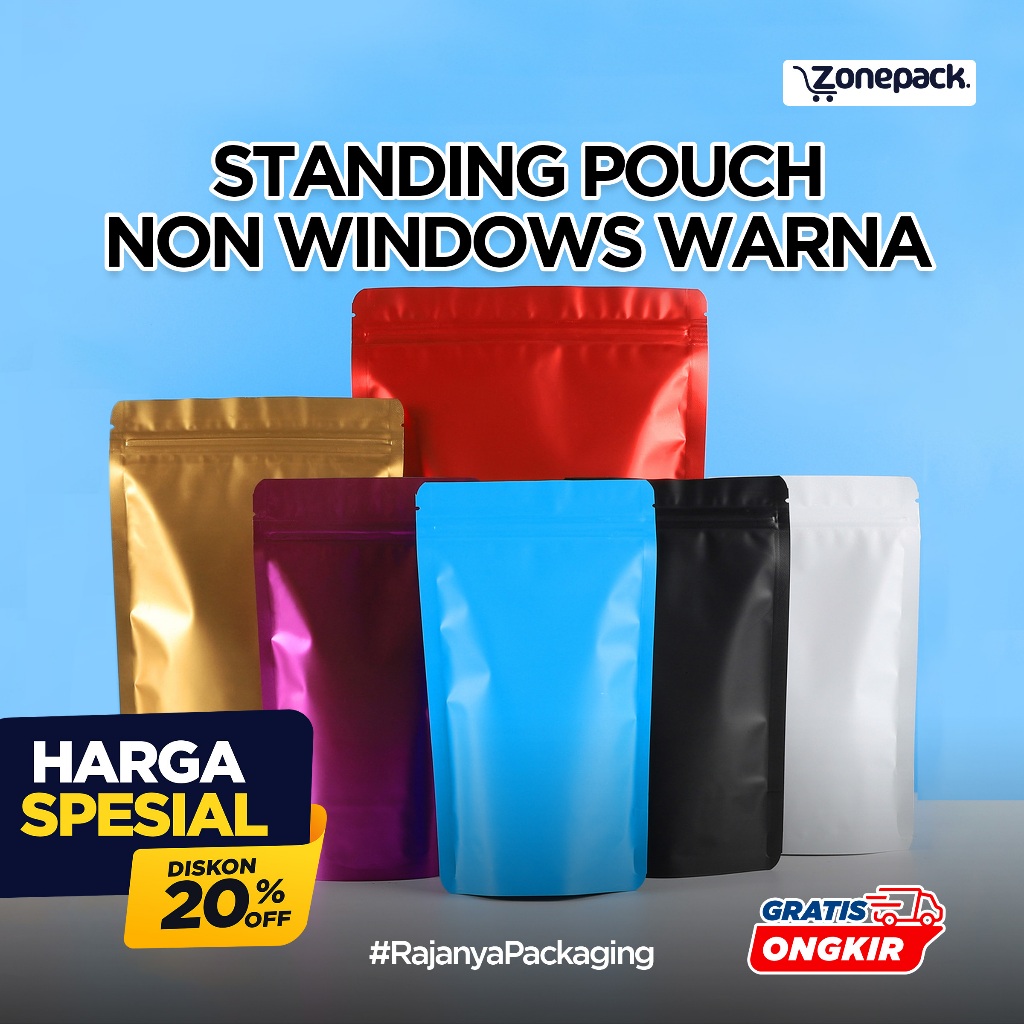 Standing Pouch Full Allumunium Warna Warni | Metalized Foil Non Windows | Standing Pouch Ziplock | S