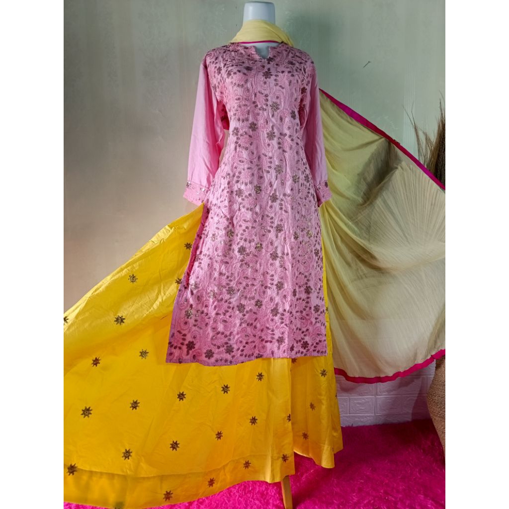 BAJU INDIA/ KURTI SET ROK KATUN BORDIR PINK YELLOW/ ADEM SERASI CANTIK