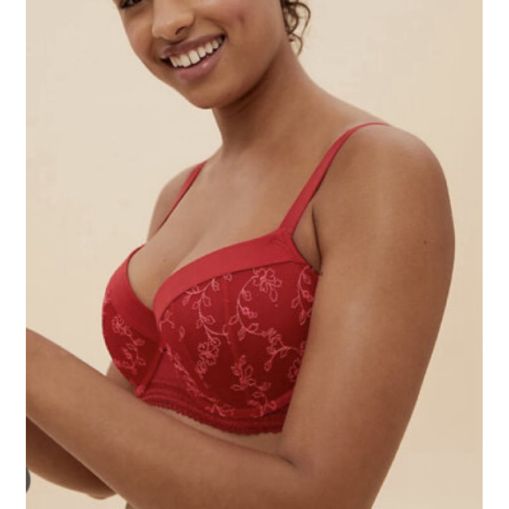 Marks and Spencer Push Up Balcony Red Bra M&S Archive Embroidery Underwired Padded Sexy Bra Pakaian 