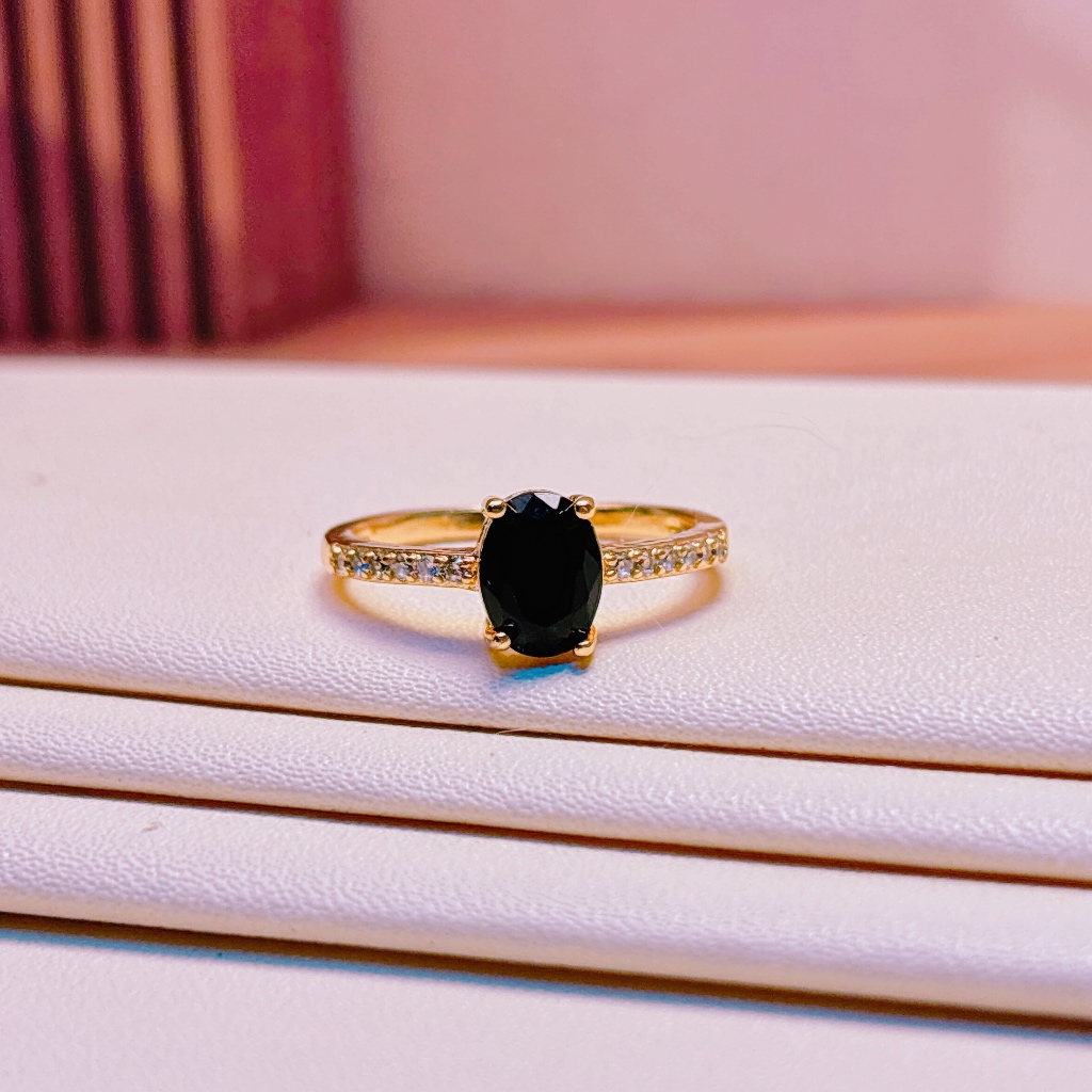 CINCIN Wanita Batu Permata Hitam Black Lapis Emas 18K Anti Karat Cincin Perempuan Model korea