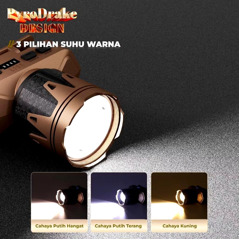 Aoki Pyro Drake Senter Kepala 90W 5 Mode 2500Lumen/Senter Kepala Aoki Pyro Drake Design Ak-3705X 90