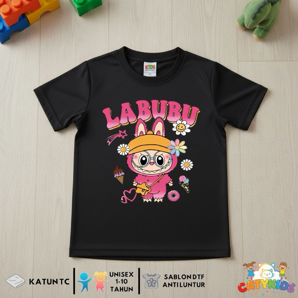 BAJU KAOS ATASAN LABUBU PINK OR FANTA ANAK-ANAK LAKI-LAKI ATAU PEREMPUAN LENGAN PENDEK 3-10 TAHUN