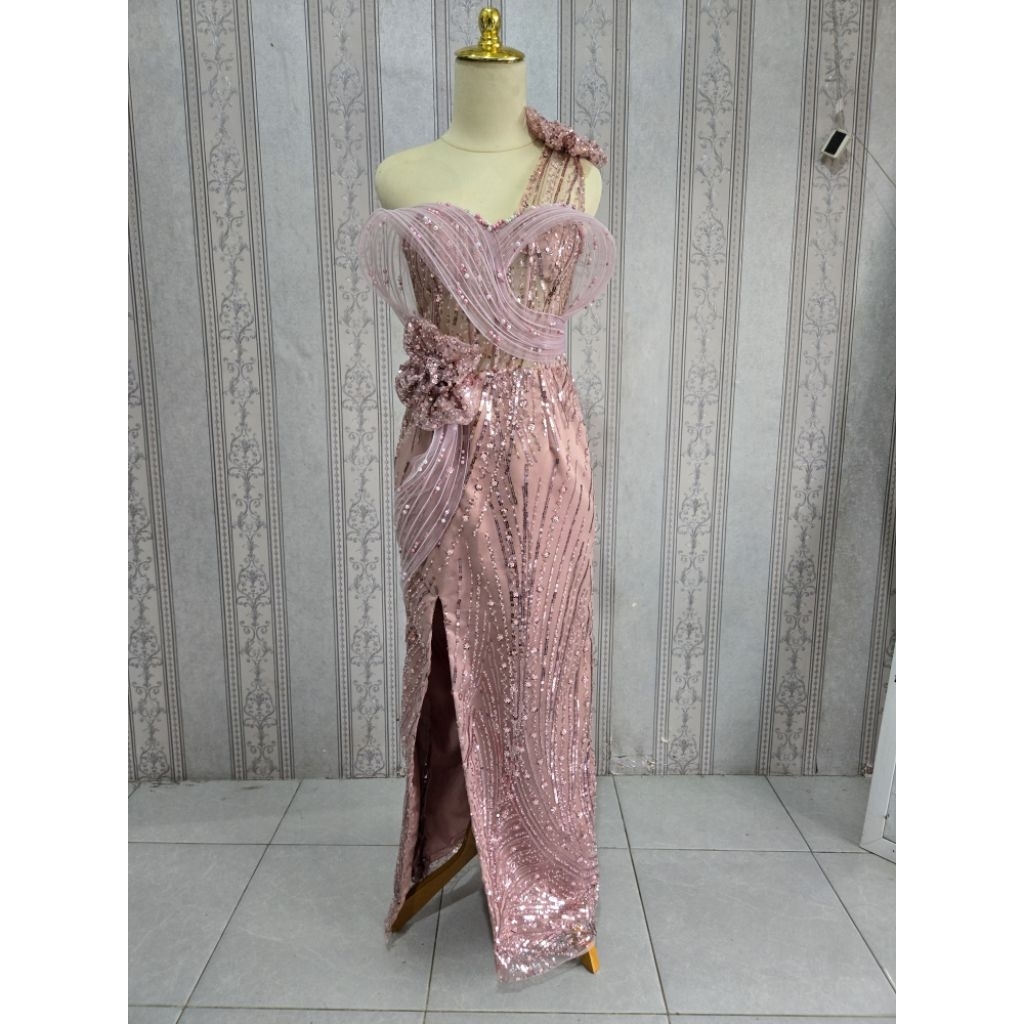 Dress pesta tile payet premium / gaun mewah murah / baju pesta rosegold