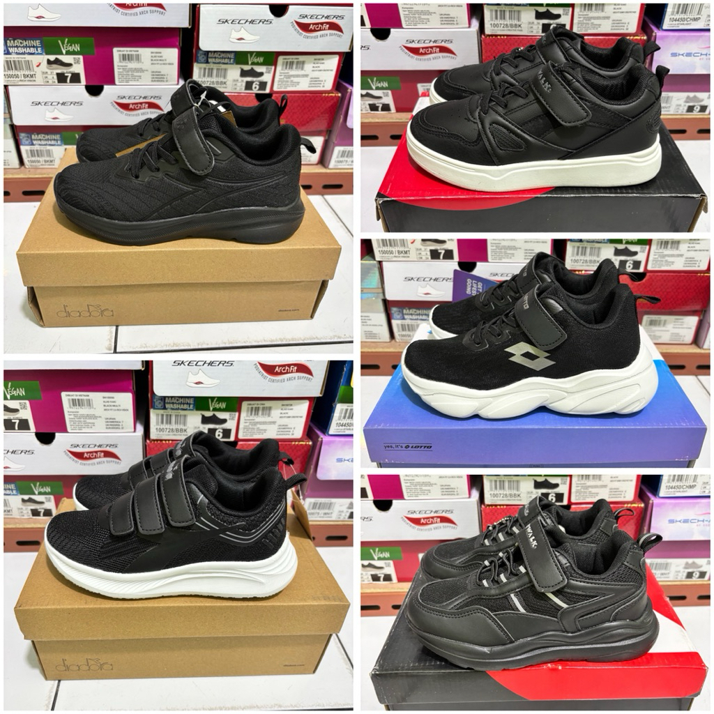 SEPATU SEKOLAH DIADORA AIRWALK LOTTO JR UNISEX HITAM PUTIH ORIGINAL KIDS