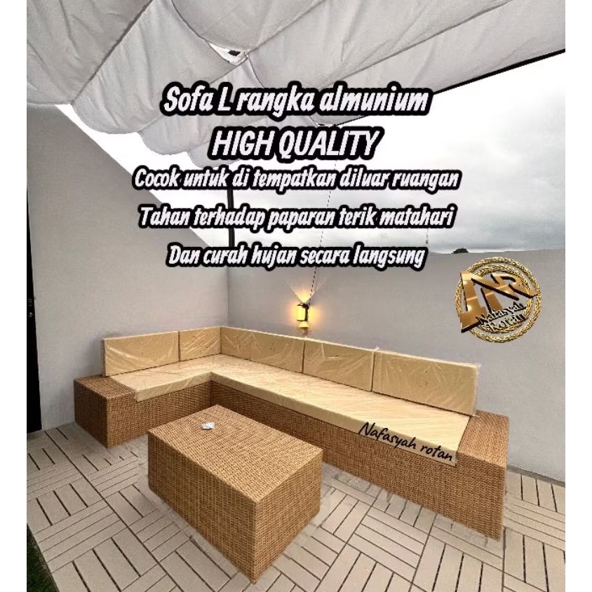 custom sofa L  rotan sintetis rangka alumunium