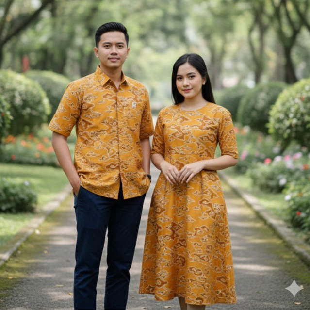 Kain Katun - Sarimbit Batik Premium Couple Mega Mendung Abhinaya Kuning | Hem Pria & Dress Wanita El