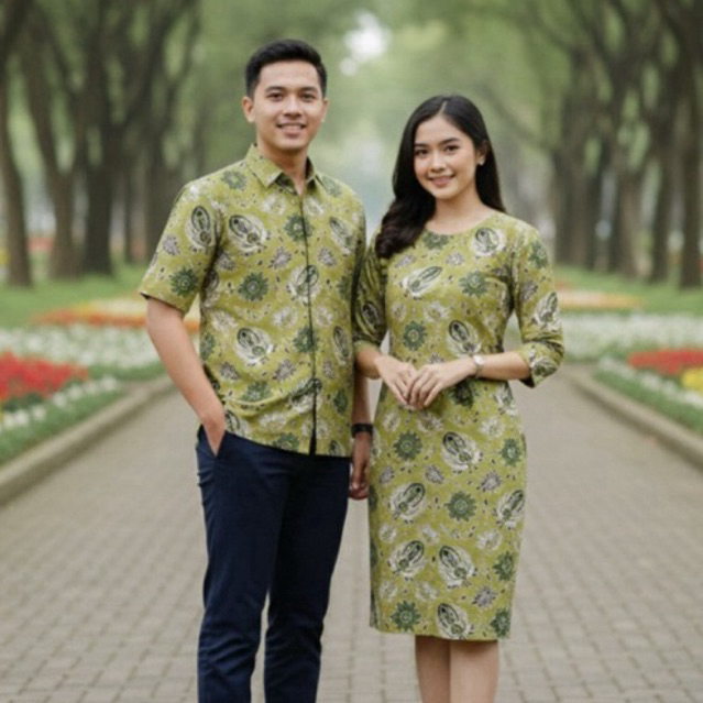 Kain Katun - Sarimbit Batik Premium Couple Mega Cakra Buana Hijau | Hem Pria & Dress Wanita Elegan |