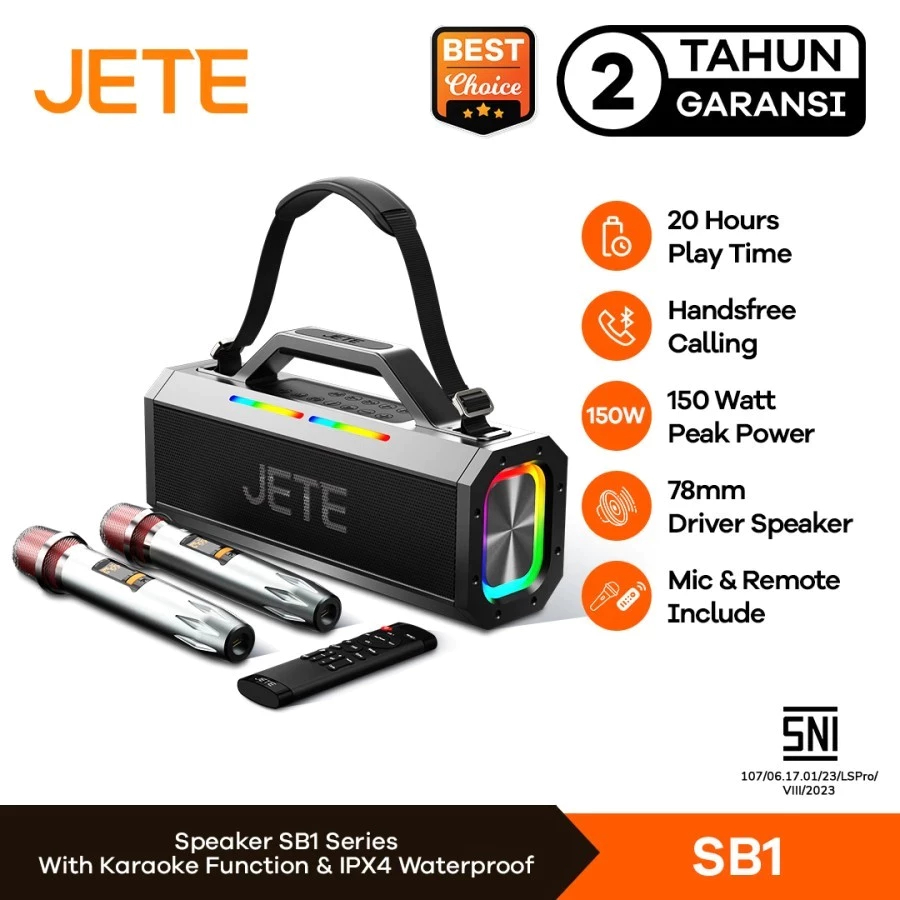 JETE SB1 Speaker Karaoke Bluetooth 2 Mic Super Bass Garansi Resmi JETE 2 Tahun