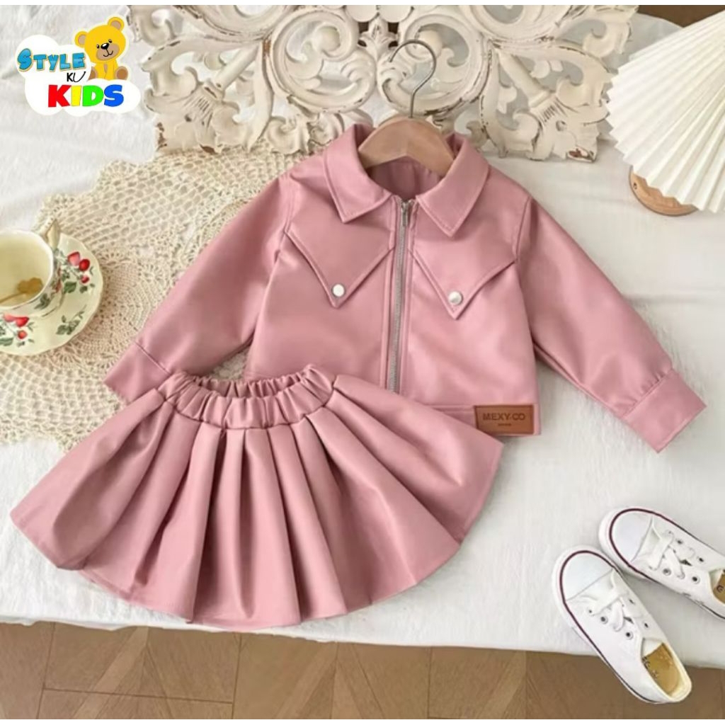 SET JAKET ROK KULIT MINI ANAK PINKY JAKET FASHION SHOW JAKET LUCU