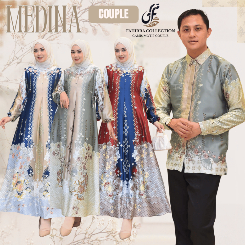 Gamis Wanita Medina Silk Premium Motif Elegan - Model Busui Friendly, Nyaman Dipakai Couple Terbaru