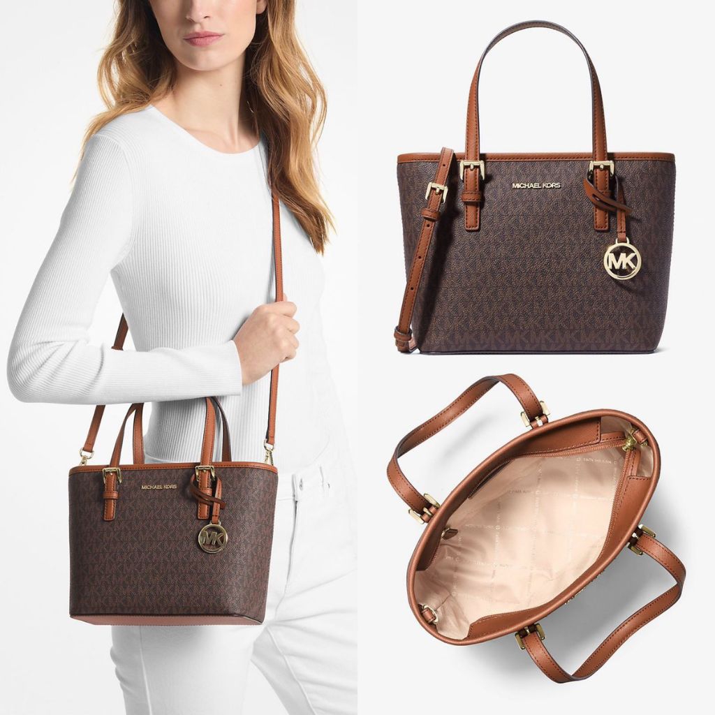 mk jet set xs travel tote zip crossbody bag sign brown