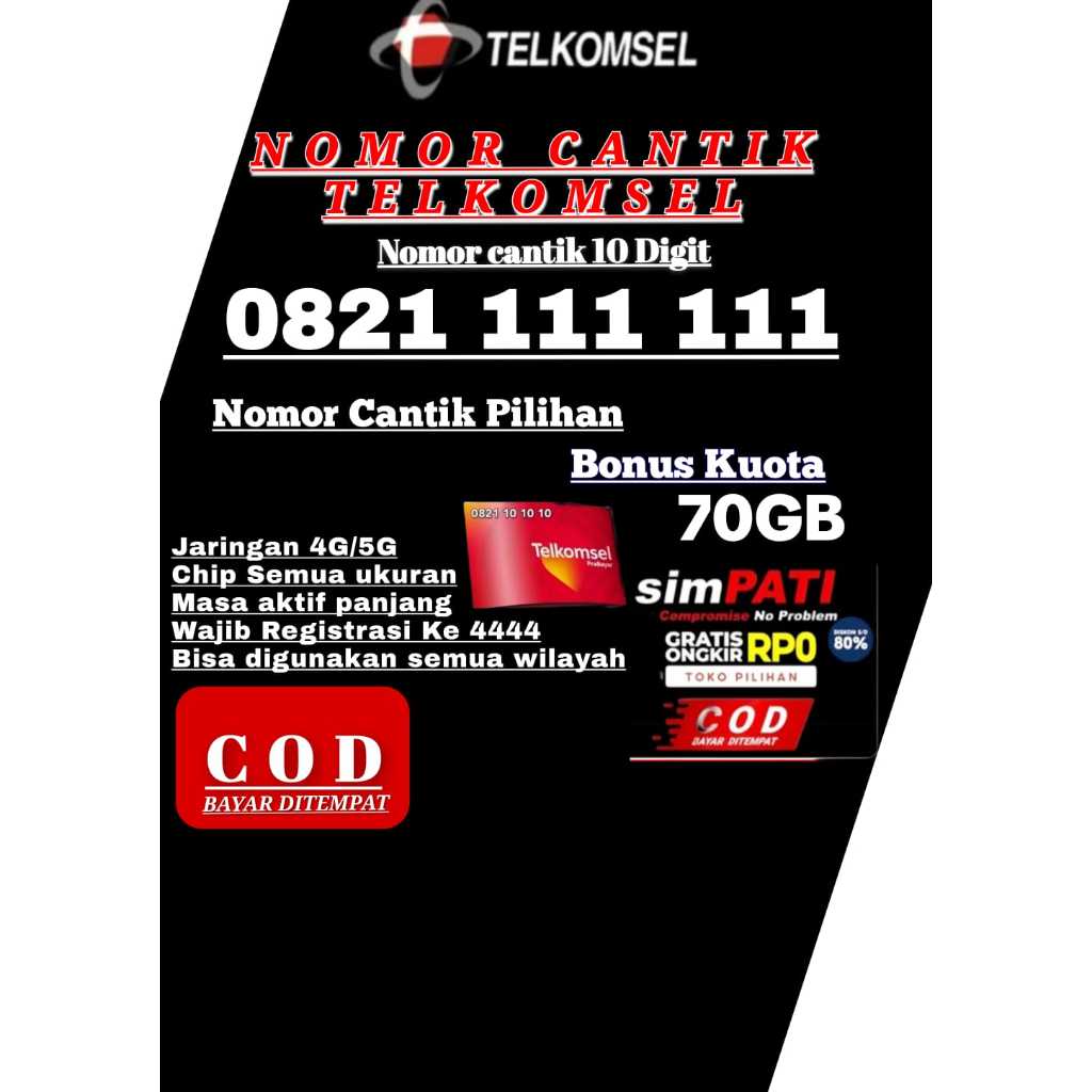 KARTUK PERDANA TELKOMSEL NOMOR CANTIK simPATI 10 DIGIT FREE KUOTA 70GB JARINGAN 4G/5G