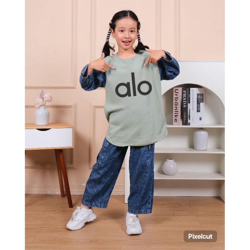 (Gratis Ongkir) Setelan Baju Anak Perempuan Gambar Alo Celana Jeans Cargo anak usia 3-14 tahun