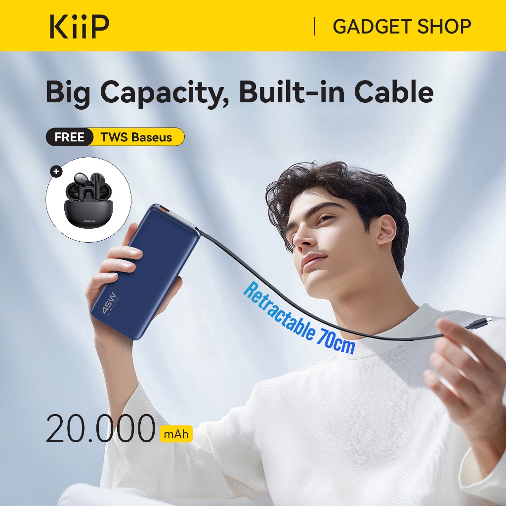 KiiP E66 PowerBank Retractable Cable 20000mAh PD QC PPS Fast Charging 45W