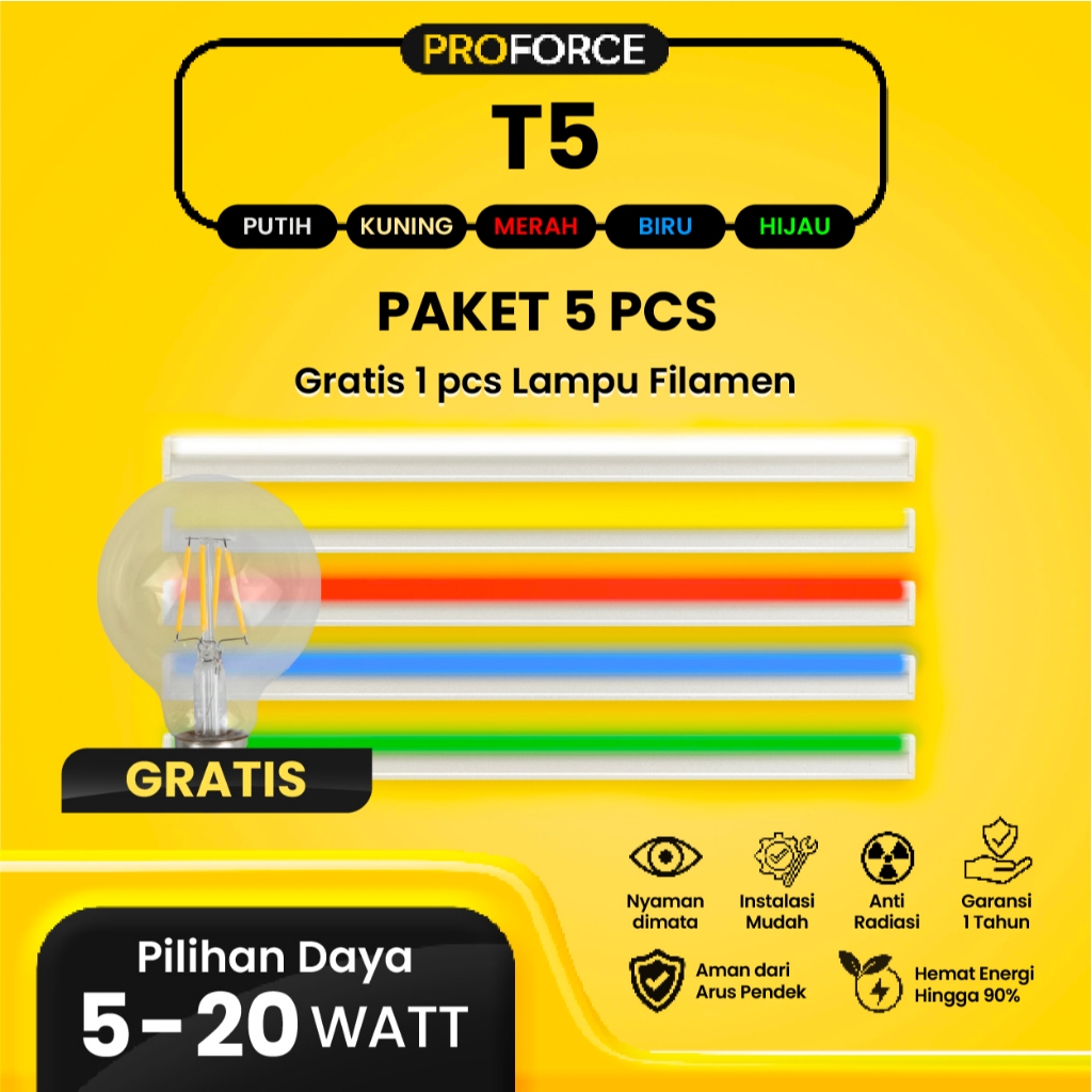 Paket 5 Pcs Proforce Lampu TL T5 Hias LED Warna Cahaya Putih Kuning Merah Biru Hijau Fluorescent Lig
