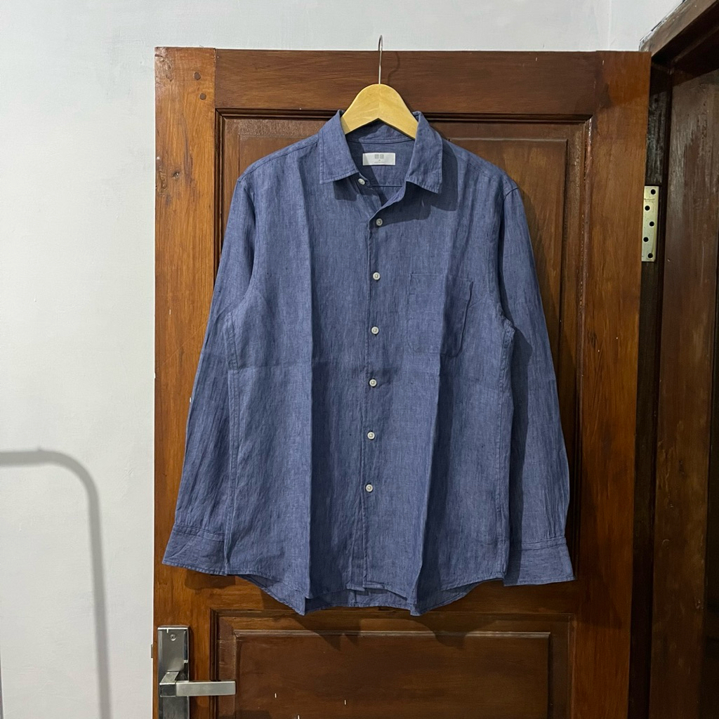 [M-L] Uniqlo Linen Cotton Shirt Long Sleeve I Blue Jeans I Vintage Vtg Retro Kemeja Garis-garis Salu